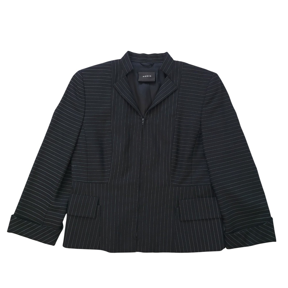 Akris‎ Pinstripe Wool Blazer Jacket Mandarin Collar US 8 Black White Classic